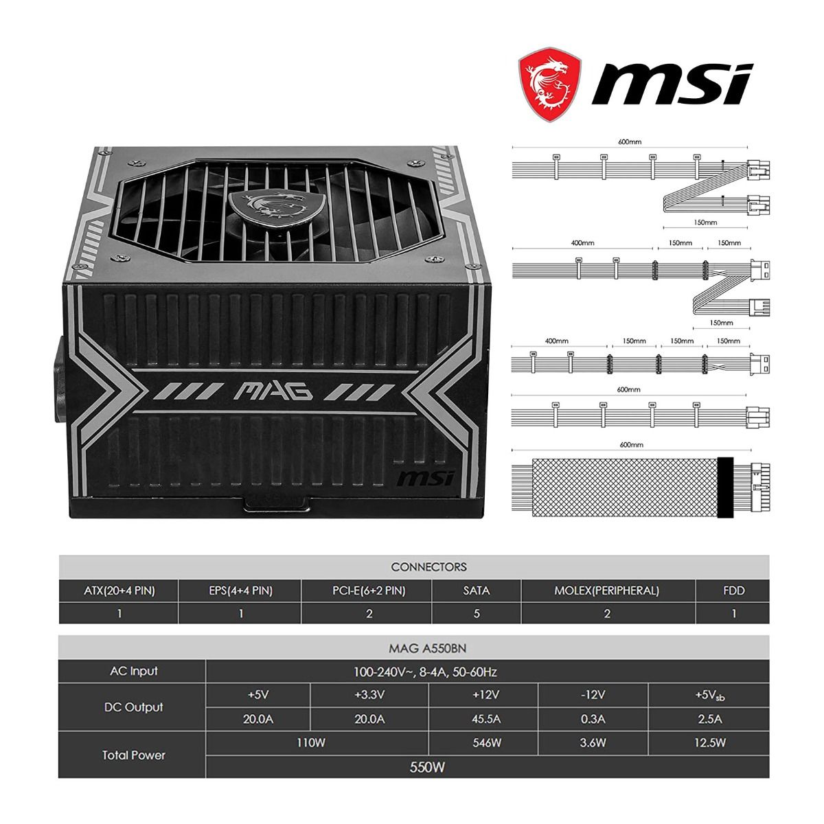 MSI MAG A550BN 550W Power Supply 80+ Bronze Non-Modular