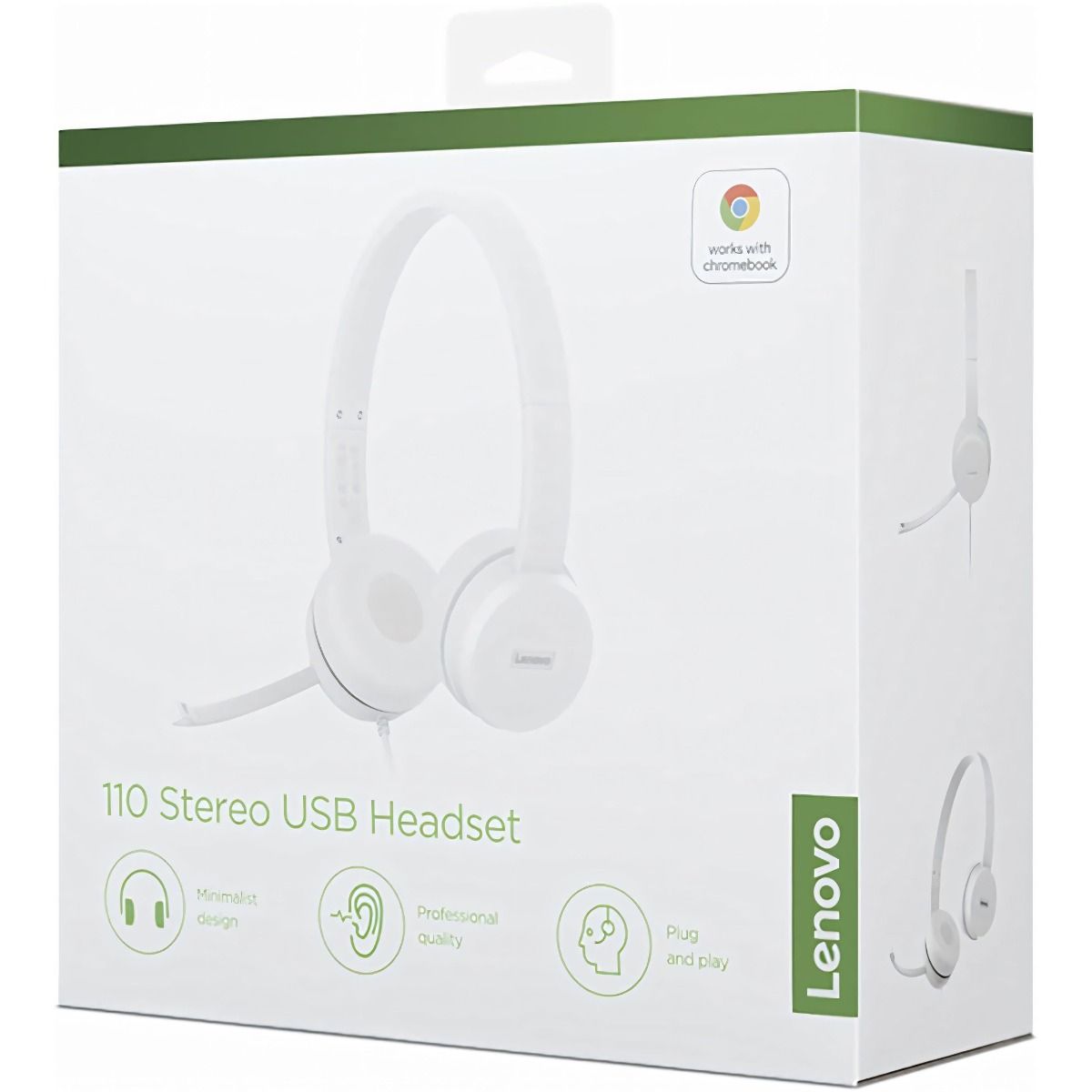 Lenovo 110 Stereo USB 1.8m Wired Headset with Boom Microphone in White