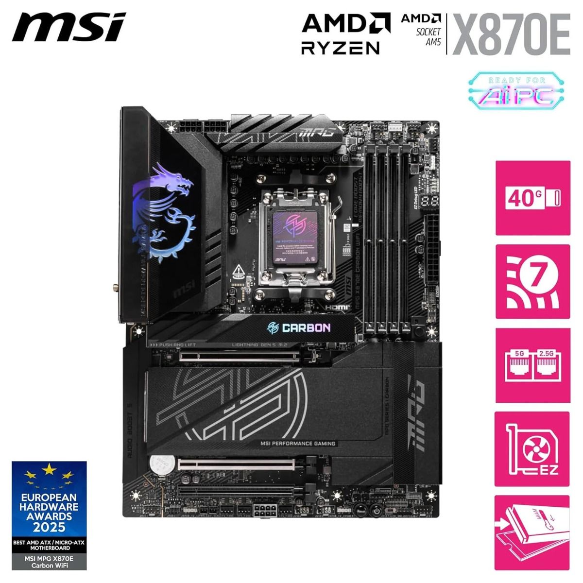 MSI MPG X870E CARBON WIFI 7 ATX Motherboard AMD AM5 X870E DDR5 5Gbit LAN
