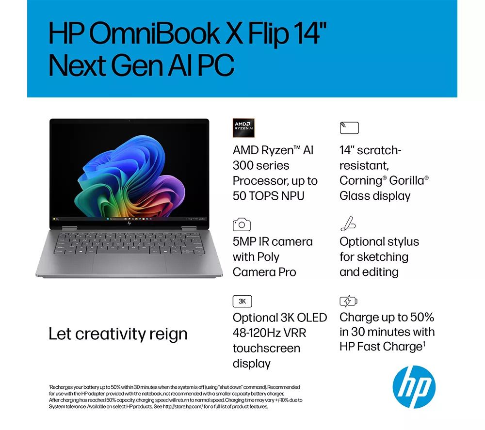 HP OmniBook X Flip AI 14-fk0504sa 14" 2-in-1 Laptop Ryzen AI 5 16GB RAM 512GB SSD