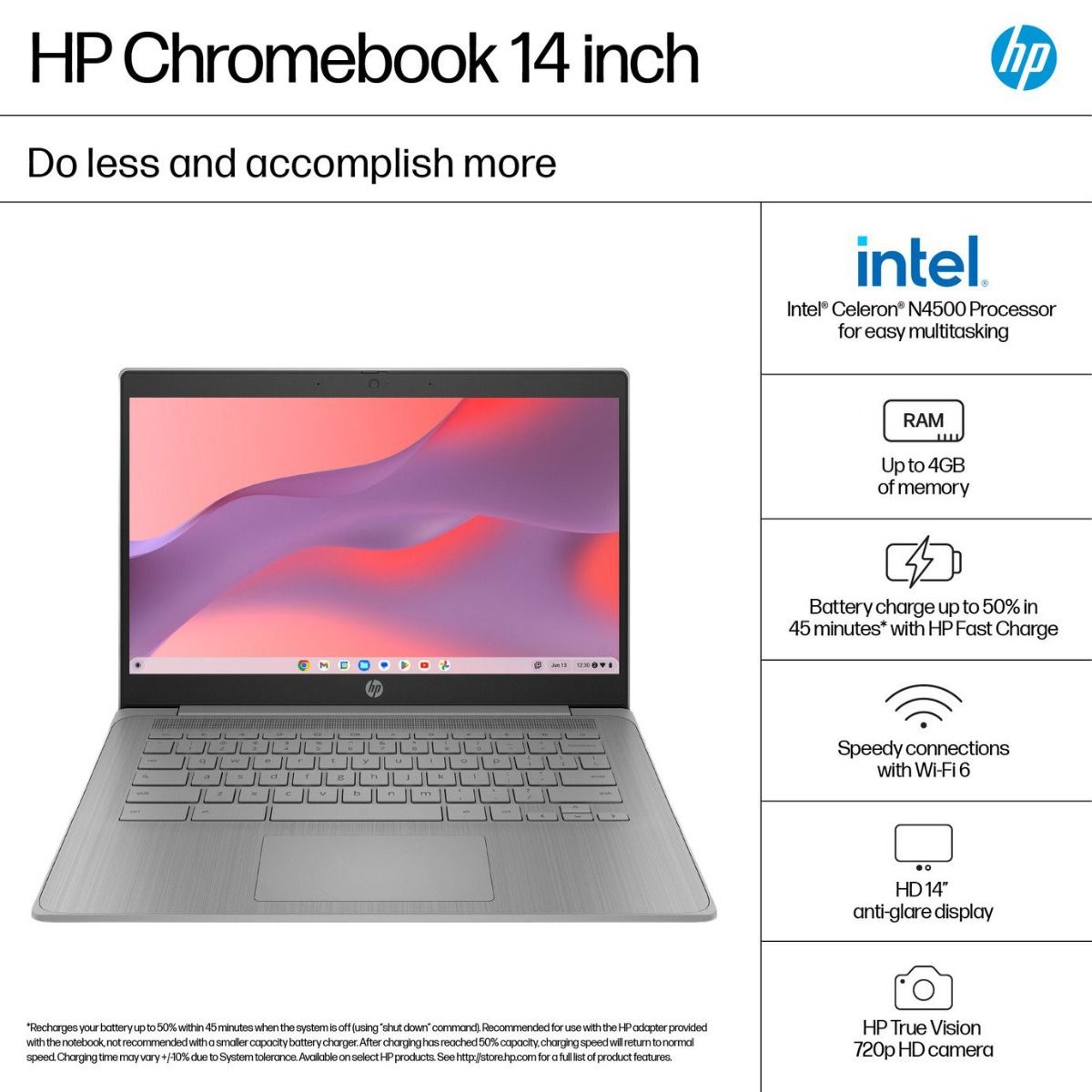 HP Chromebook 14a-ne1000na Laptop Intel N4500 4GB RAM 64GB eMMC ChromeOS