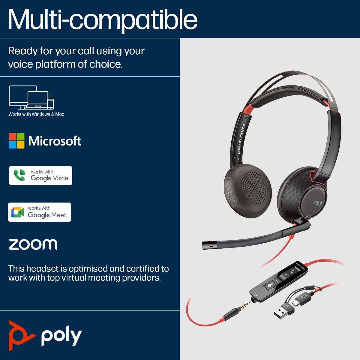 Poly Blackwire 5220 USB-C Headset with USB-A Adapter On Ear Headphones + Mic