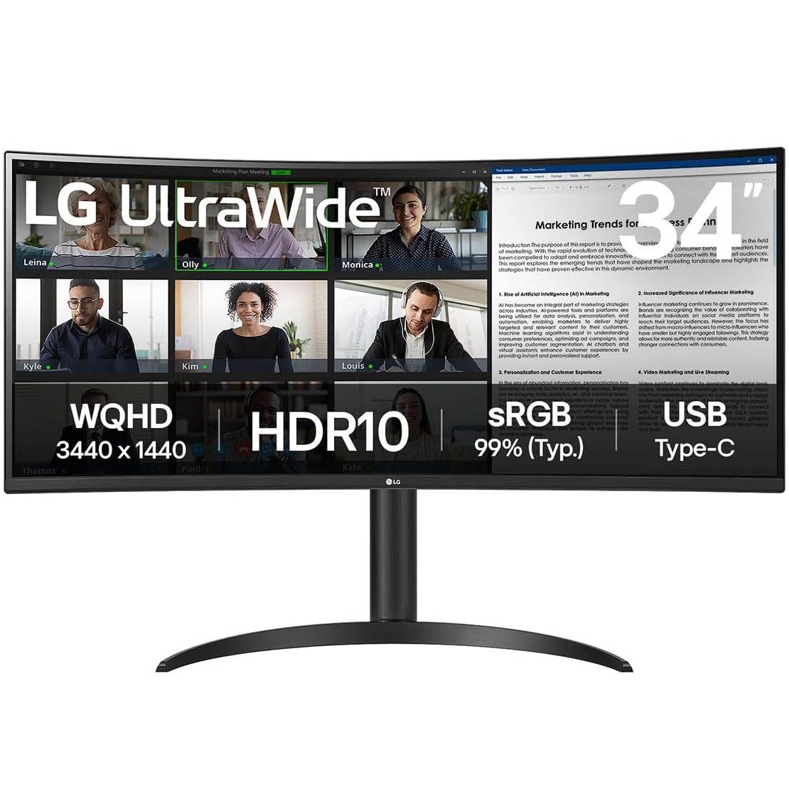 LG UltraWide 34" 100Hz Quad HD Curved Monitor with USB-C 65W Power Delivery HDR10