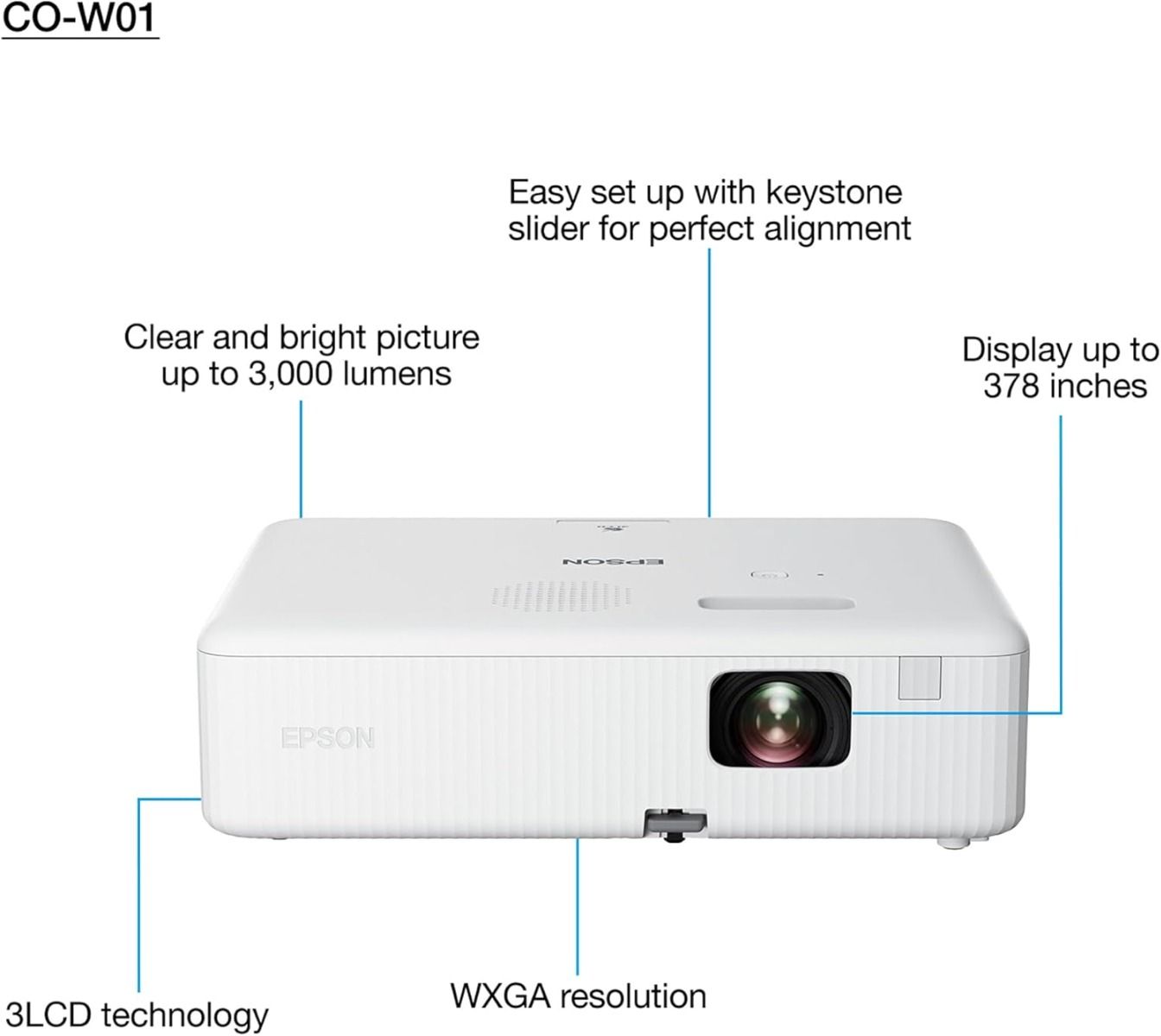 Epson CO-W01 WXGA 120Hz 3LCD Projector 3000 Lumens White