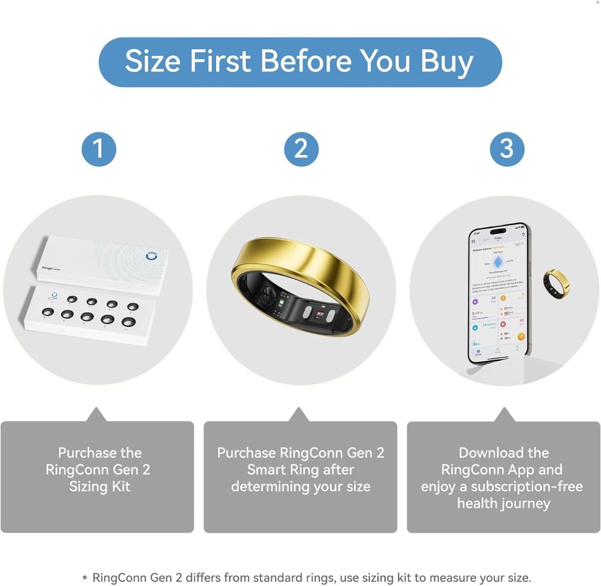 RingConn Smart Ring Gen 2 Size 7 Gold with Charging Case and Sleep Apnea Monitoring