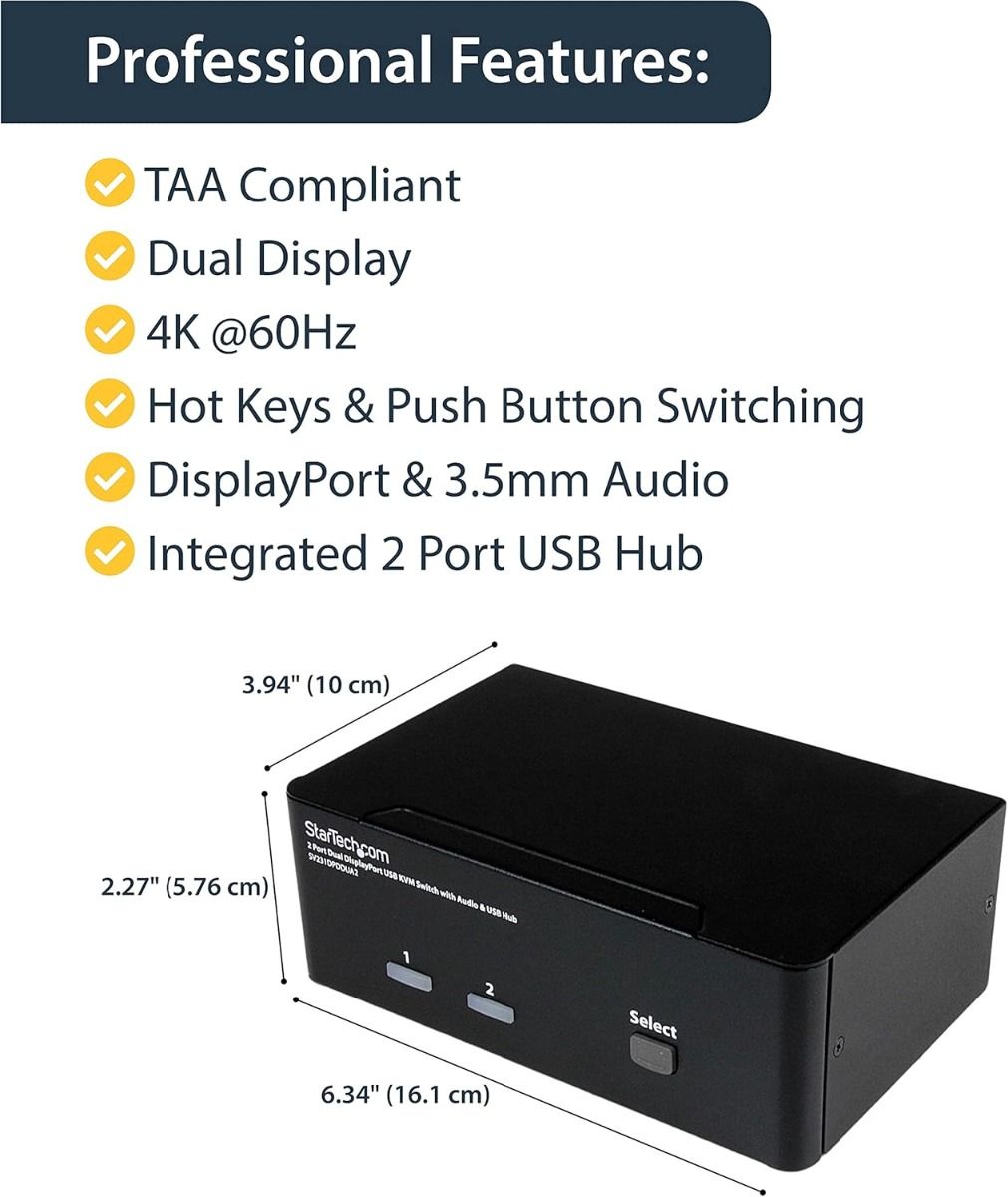 StarTech 2-Port DisplayPort Dual-Monitor KVM Switch 4K 60Hz Shared USB HUB