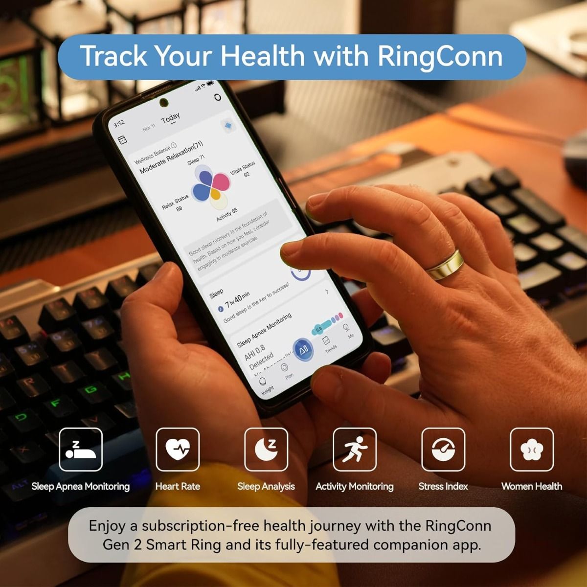 RingConn Smart Ring Gen 2 Size 7 Gold with Charging Case and Sleep Apnea Monitoring