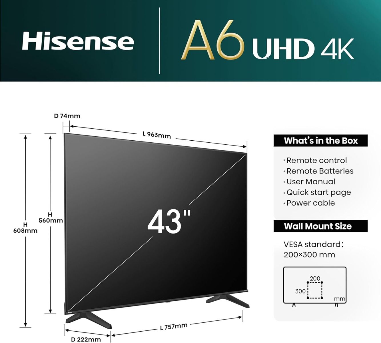 Hisense A6N 43A6NTUK 43" 4K Smart TV Dolby Vision Adaptive Light Sensor