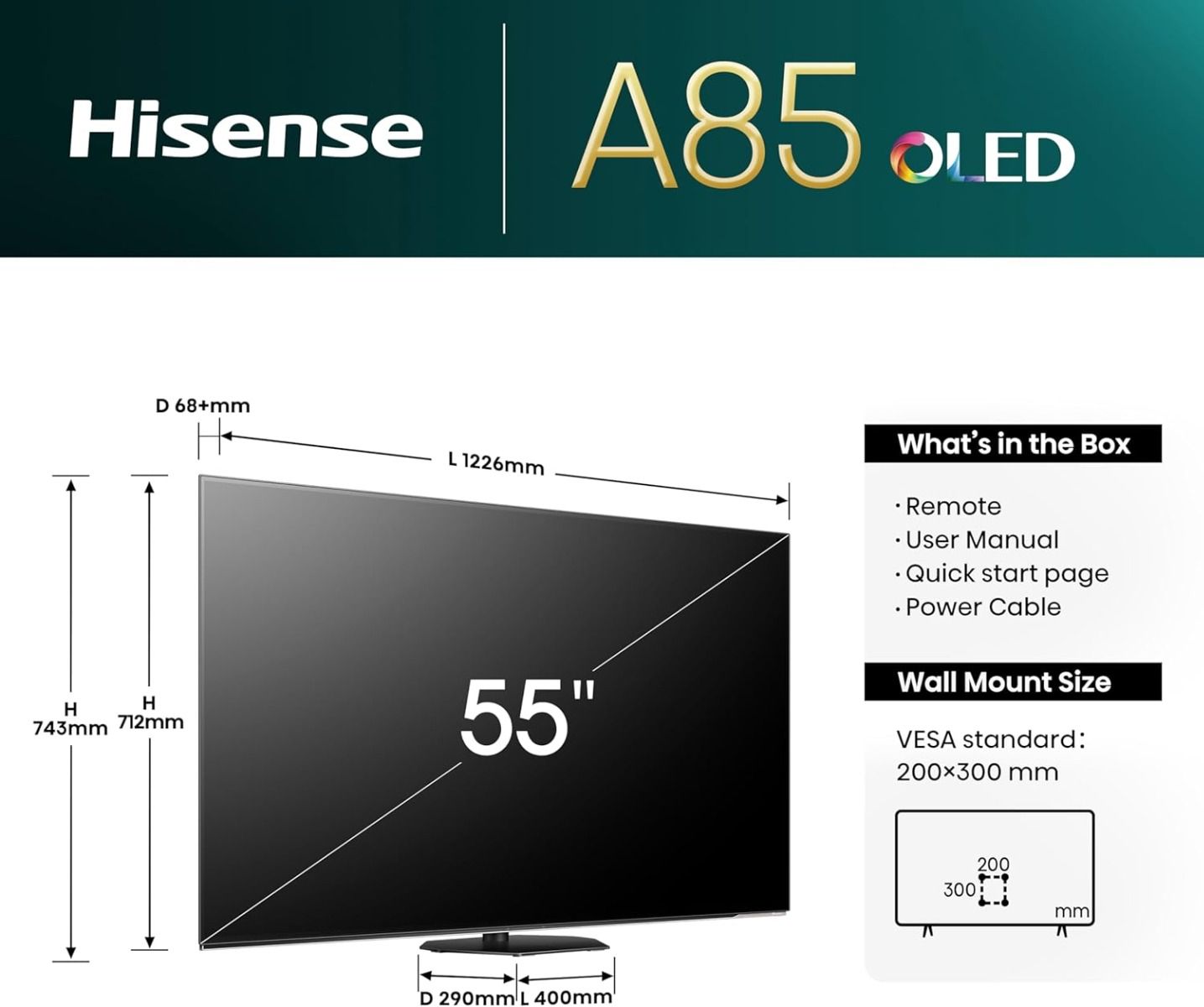 Hisense A85N 55" 4K OLED Smart TV 120Hz AI Picture Enhancer HDR10+