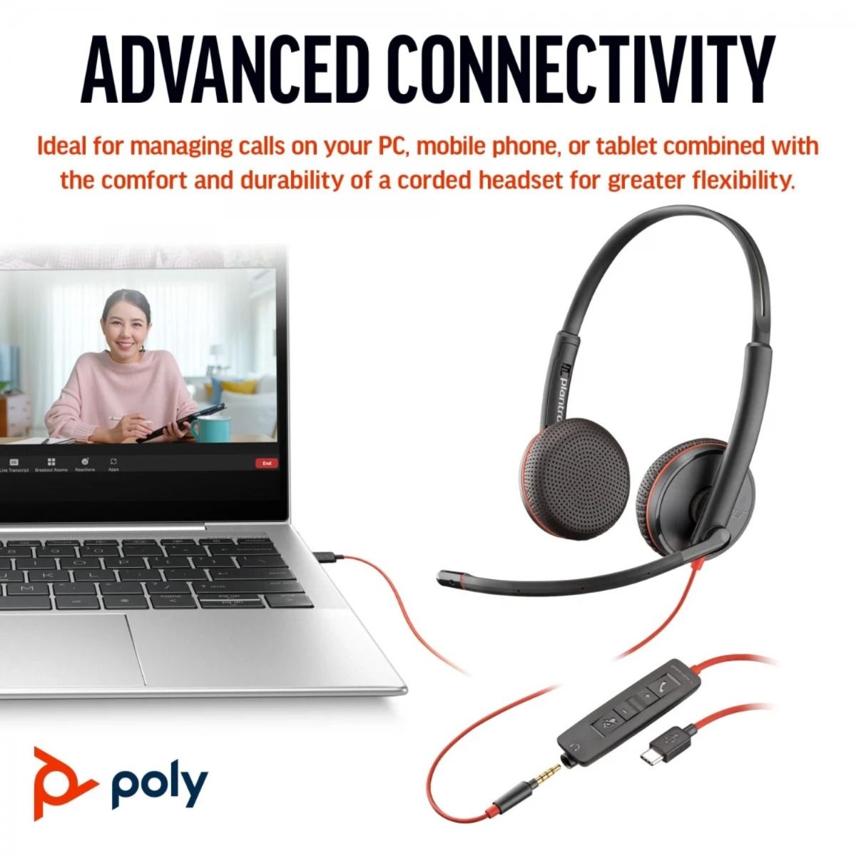 Poly Blackwire 3225 USB-C Headset Inline Controls Windows & Mac Support