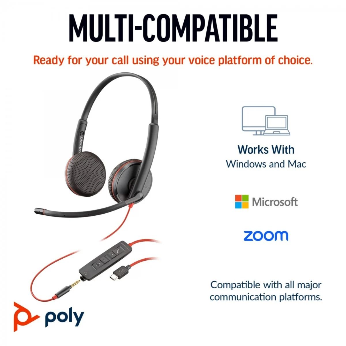 Poly Blackwire 3225 USB-C Headset Inline Controls Windows & Mac Support