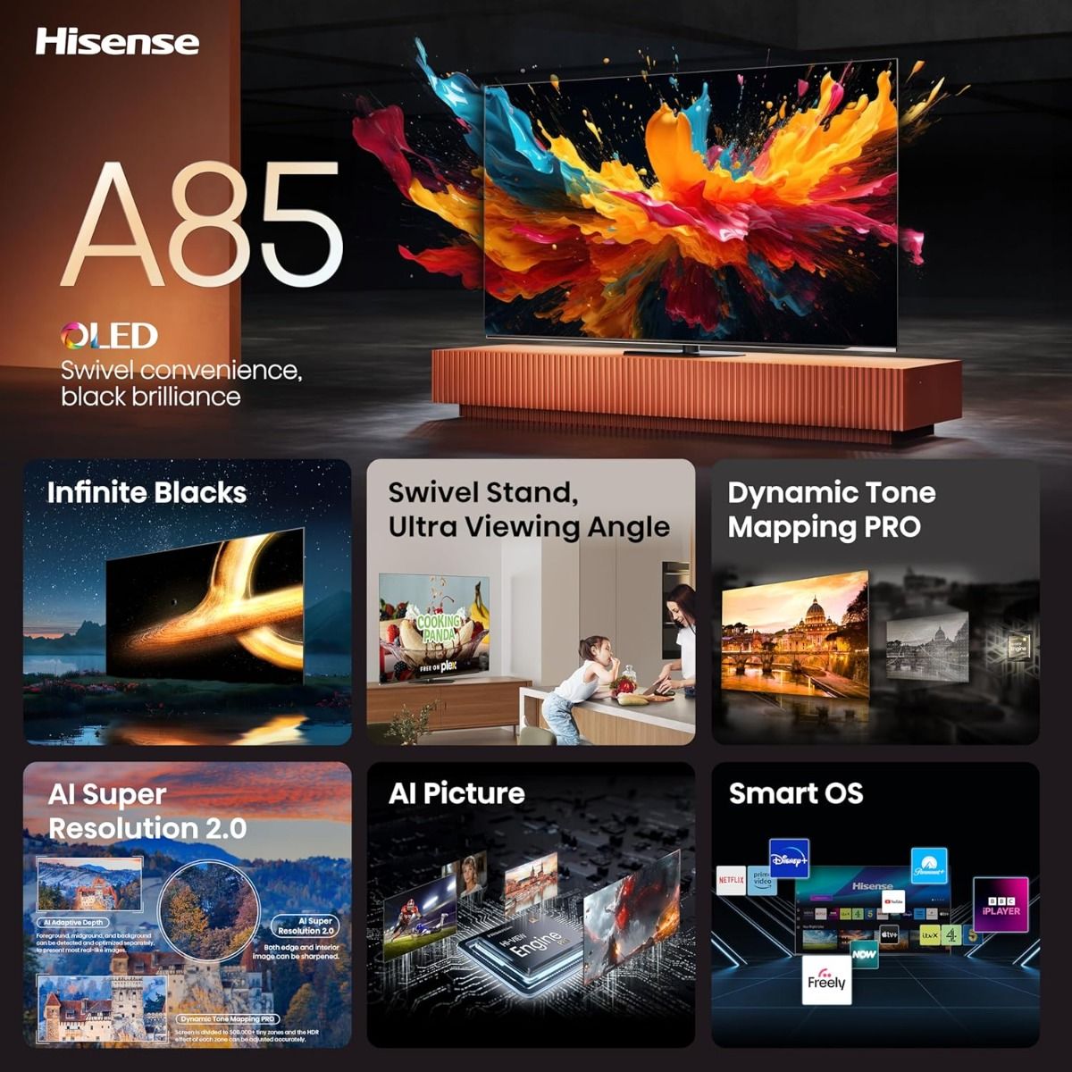Hisense A85N 55" 4K OLED Smart TV 120Hz AI Picture Enhancer HDR10+