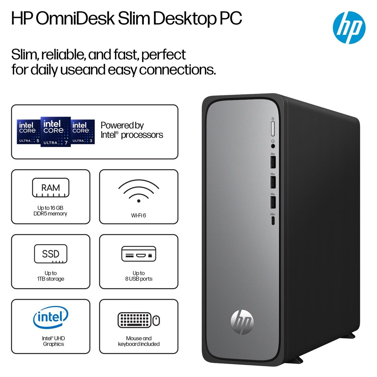HP OmniDesk S03-0004na Core i3-13100 8GB RAM 256GB SSD Win 11 Home Meteor Silver