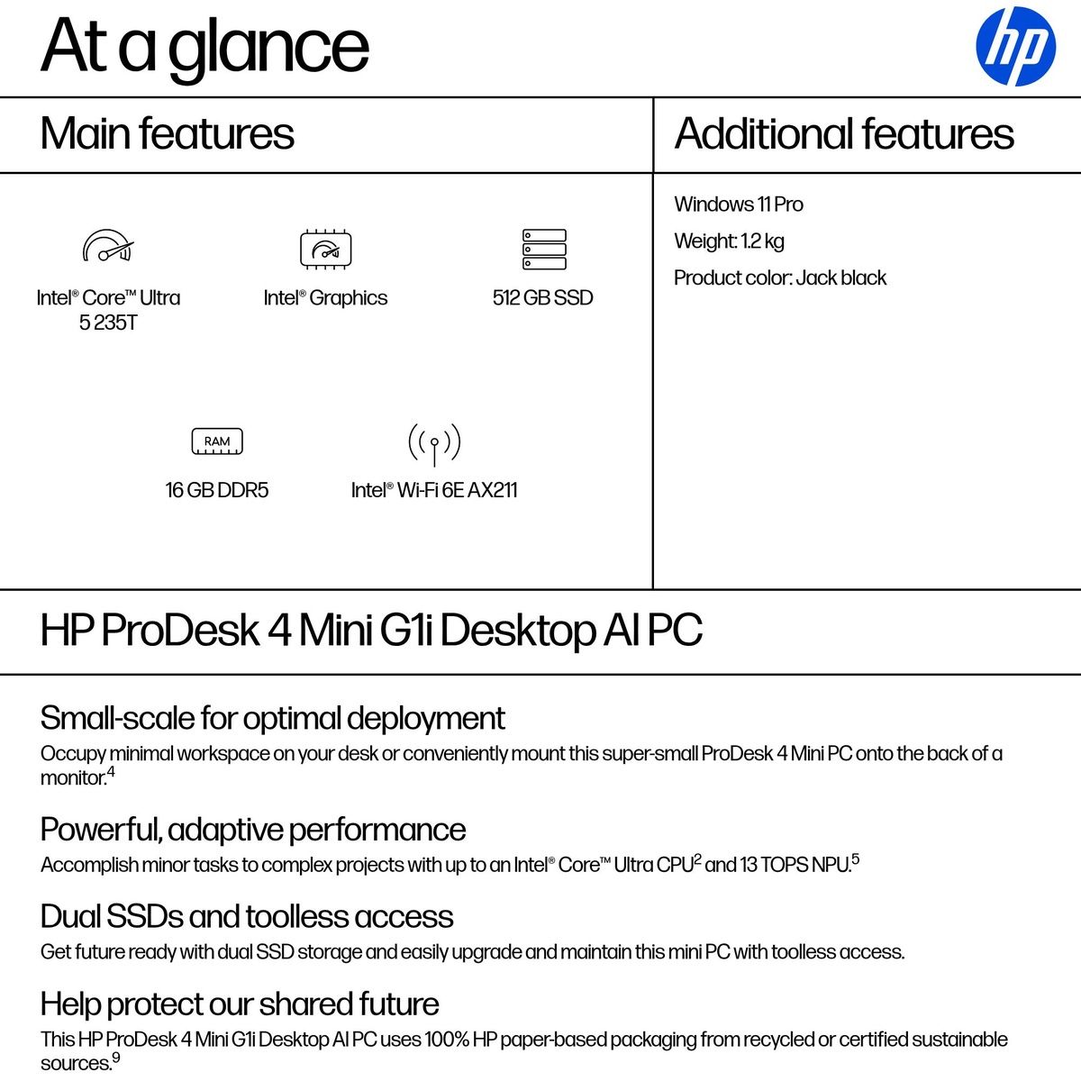 HP ProDesk 4 Mini G1i Desktop AI PC Core Ultra 5 235T 16GB 512GB SSD Win 11 Pro
