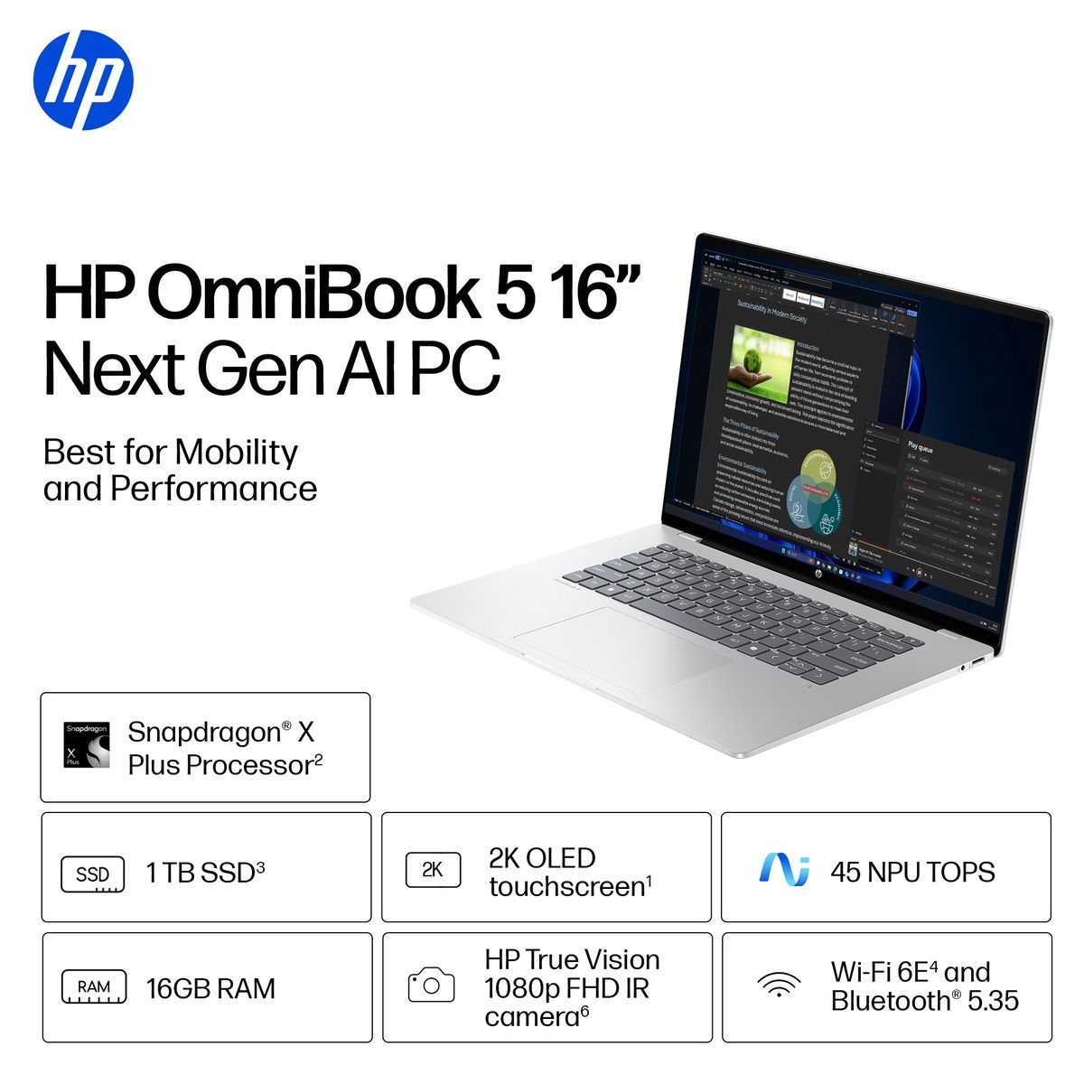 HP OmniBook 5 Next Gen AI 16" Snapdragon X1-26-100 16GB 512GB SSD Win 11 