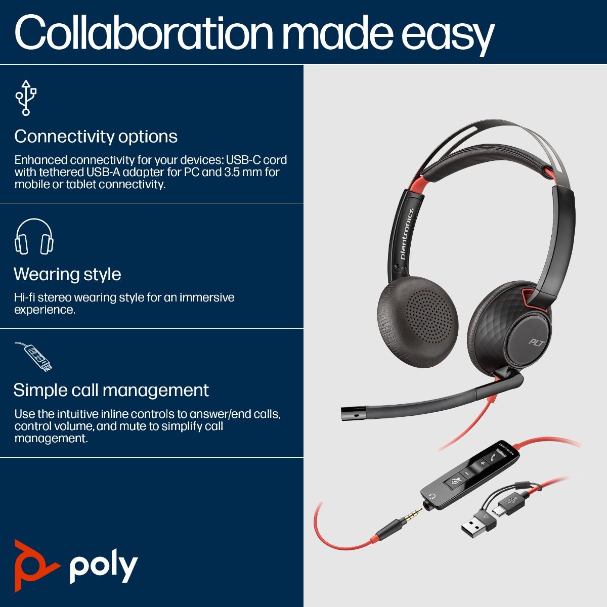 Poly Blackwire 5220 USB-C Headset with USB-A Adapter On Ear Headphones + Mic