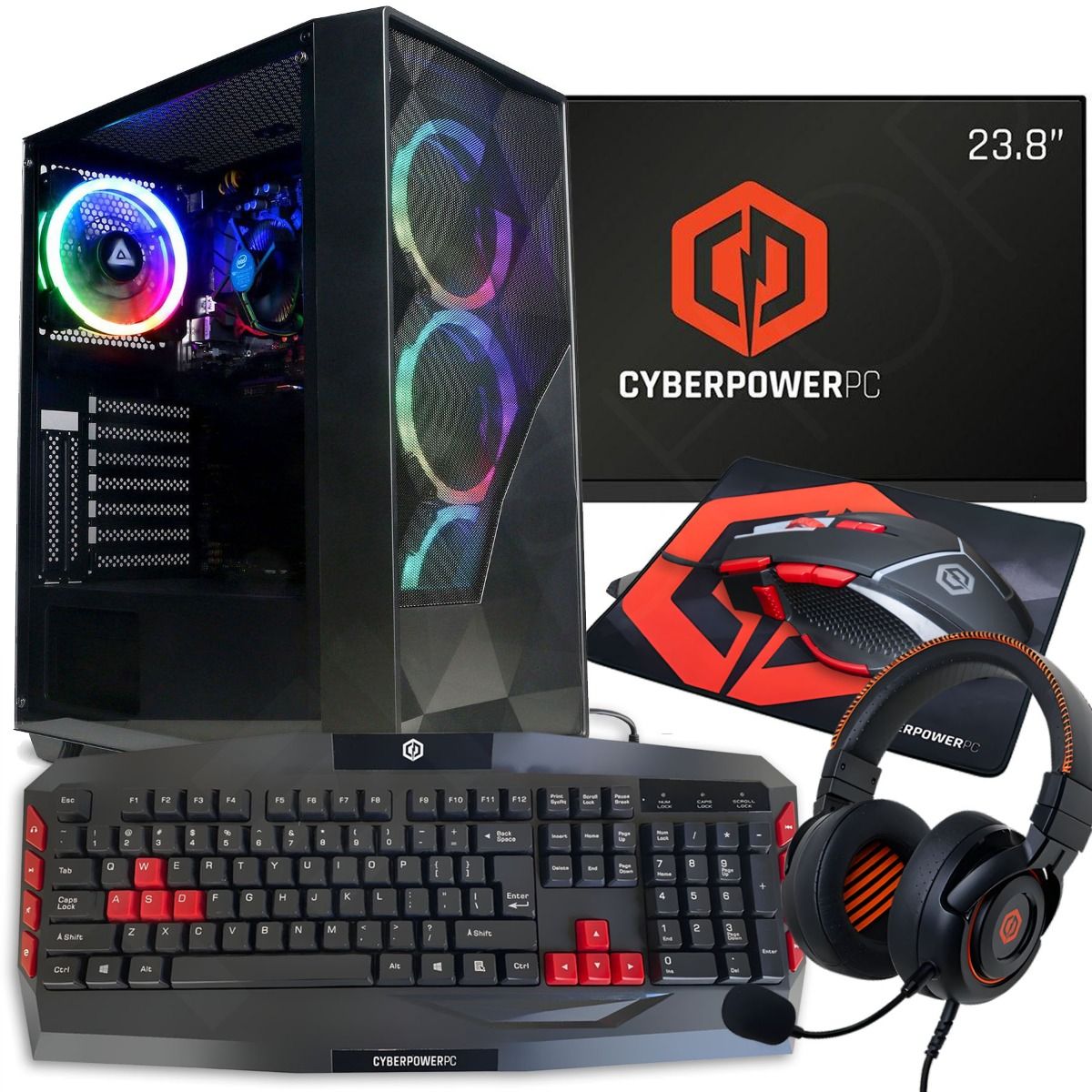 CyberPower Eurus PC Bundle Ryzen 5 8GB 512GB Monitor, KB, Headset, Mouse & Mat