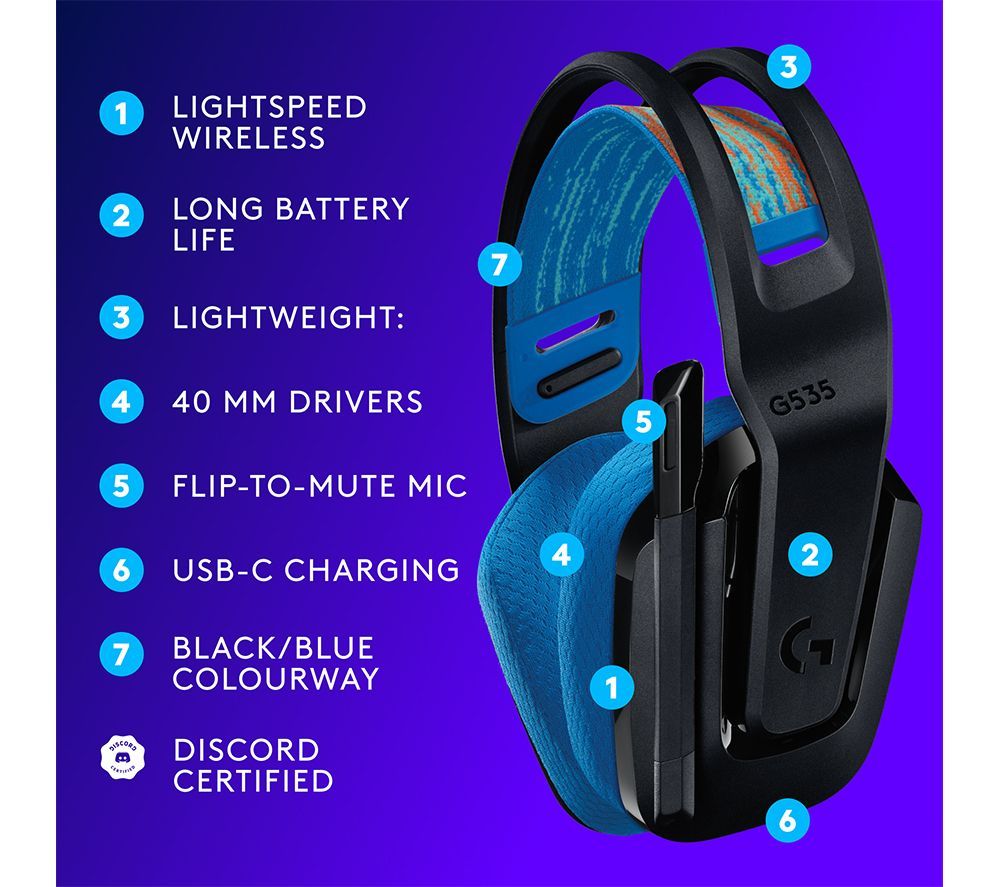 Logitech G535 Wireless Headset 40mm Drivers Memory Foam Earcups - Black & Blue