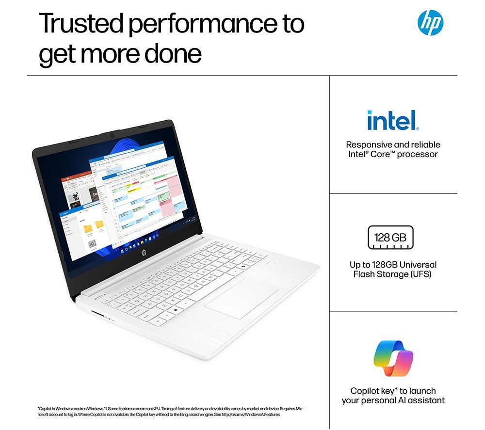 HP 14-dq6500na 14" HD Laptop Intel N150 4GB RAM 128GB White