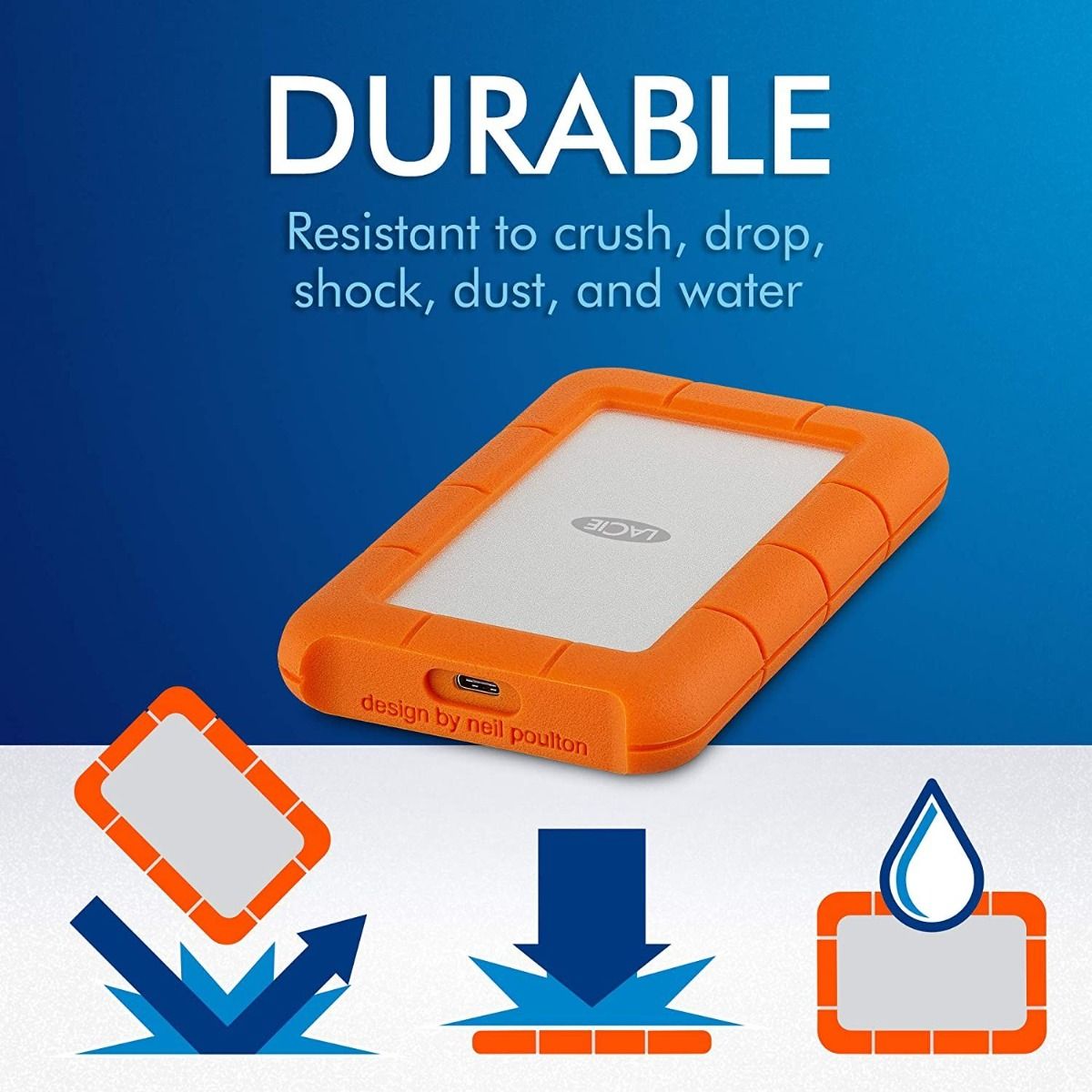 LaCie Rugged Mini 2TB USB3.0 External HDD Water Resistant Portable Hard Disk