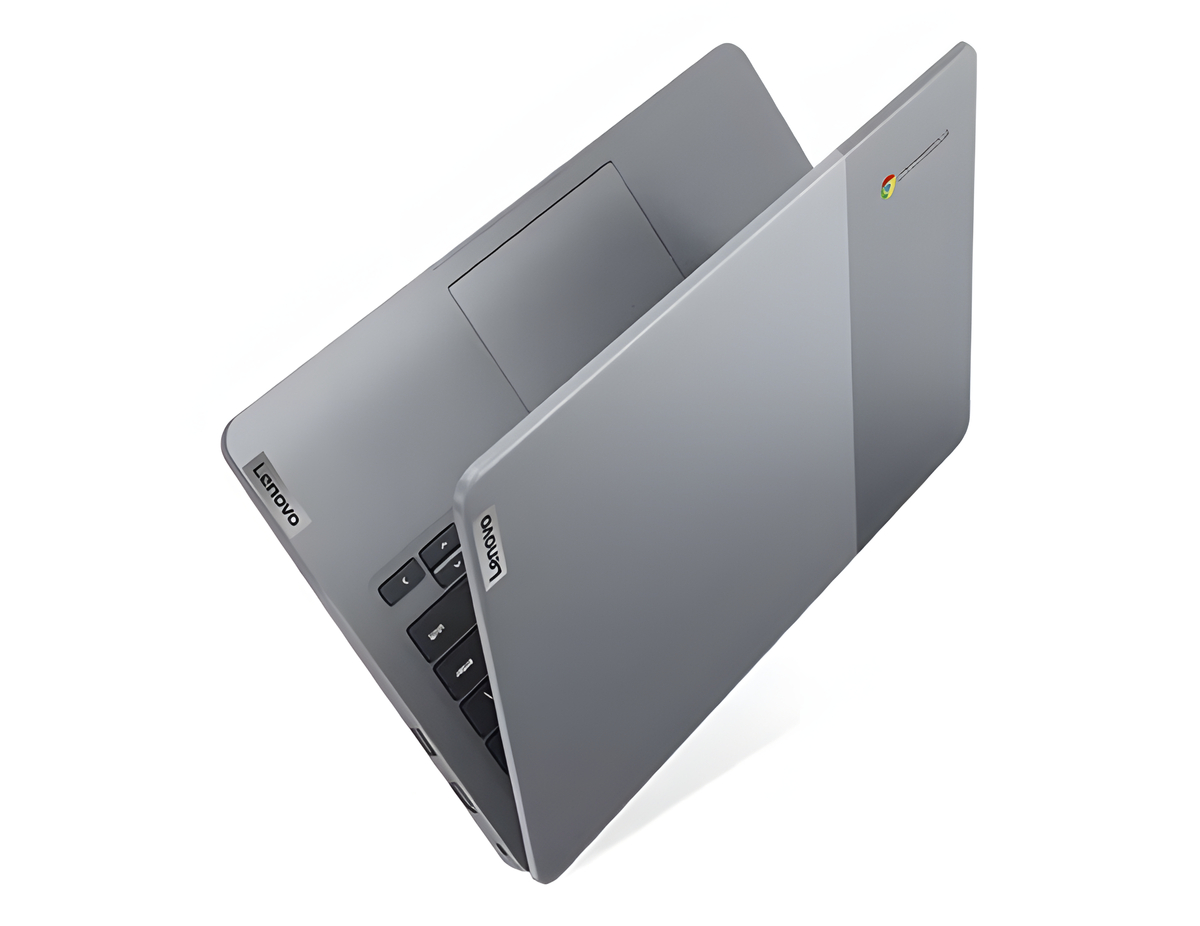 Angle view of the IdeaPad Slim 3i Chromebook Gen 8 14 Intel opened in a V shape on white background