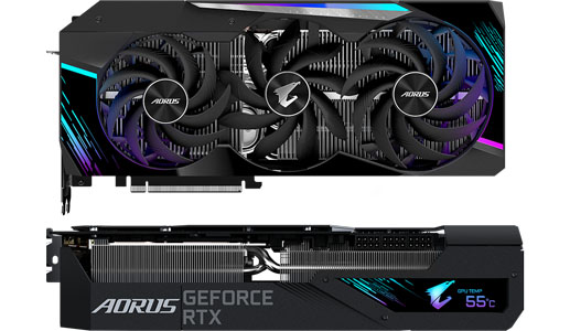 Front and side view showing the lighting and screen on the Gigabyte RTX 3080Ti Master Graphics Card