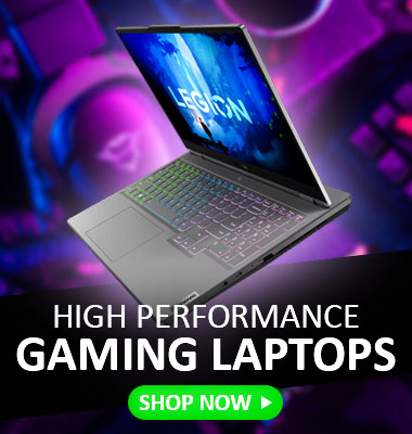 Photo showing a powerful Lenovo gaming laptop on a purple background of gaming accessories with a shop now button linking to our catalogue of gaming laptops.
