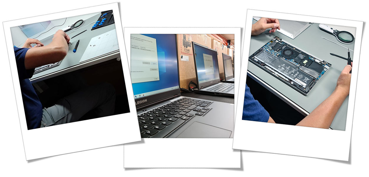 Polaroid images showing our TEKshop in house technicians refurbishing, cleaning and repairing our laptops.