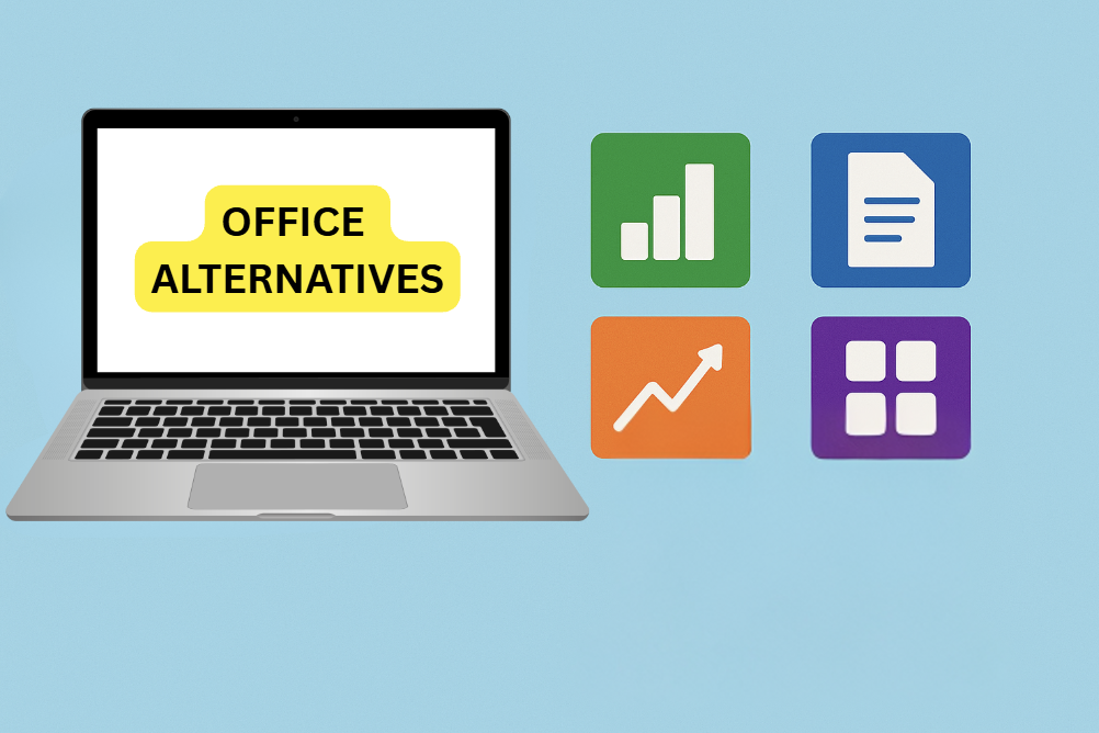 laptop with office alternatives title and symbols for various office tasks next to it
