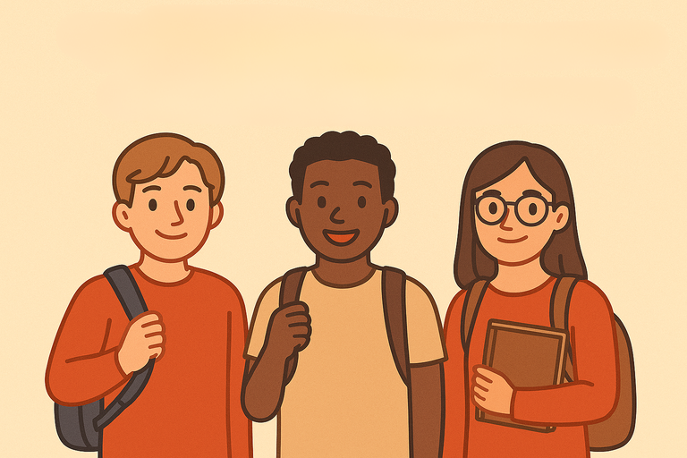 3 college students standing togehter with backpacks smiling